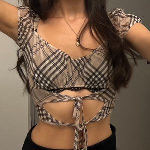 Tiger mist plaid print tie crop top.Perfect condition no flaws